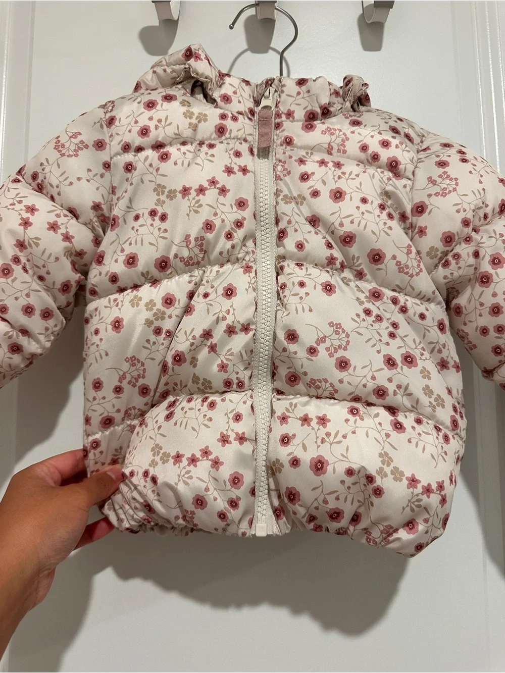 H&M Baby Girl Cream Puffer Jacket with Pink Floral Print